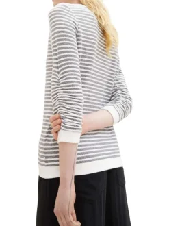 Pull en coton mélangé bleu rayé coupe droite avec un col rond