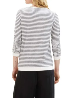 Pull en coton mélangé bleu rayé coupe droite avec un col rond