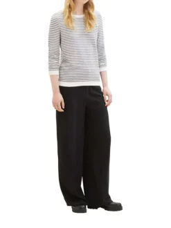 Pull en coton mélangé bleu rayé coupe droite avec un col rond