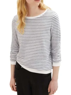 Pull en coton mélangé bleu rayé coupe droite avec un col rond