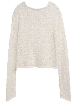 Pull en coton mélangé écru en maille ajourée avec coupe droite et col rond