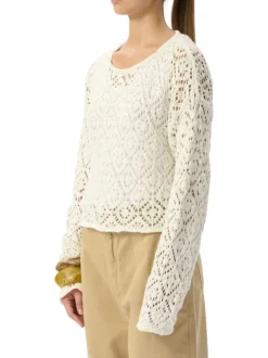 Pull en coton mélangé écru en maille ajourée avec coupe droite et col rond