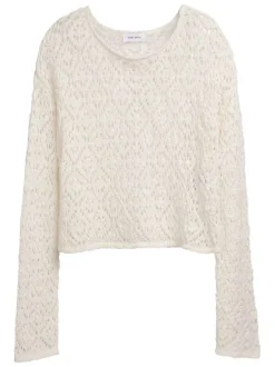 Pull en coton mélangé écru en maille ajourée avec coupe droite et col rond