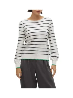 Pull en coton mélangé écru rayé avec une coupe droite et un col ras du cou