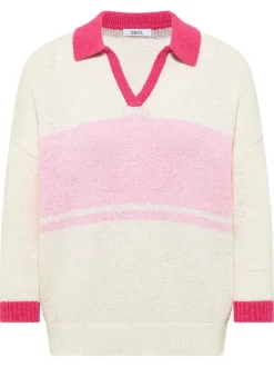 Pull en coton mélangé écru uni pourvu d'un col polo et d'une coupe droite