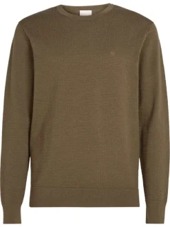 Pull en coton mélangé kaki en maille effet gaufrée avec une coupe ajustée