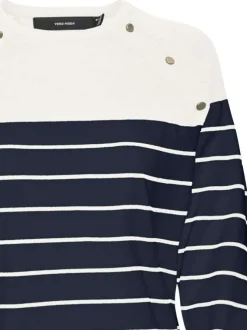 Pull en coton mélangé marine et blanc rayé à coupe regular fit avec col rond