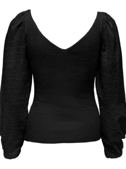 Pull en coton mélangé noir fleuri avec un col v arrondi et une coupe ajustée