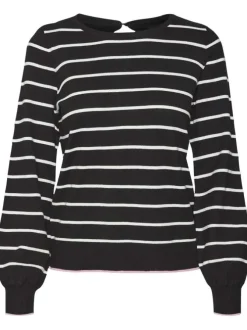 Pull en coton mélangé noir rayé avec une coupe droite et un col ras du cou