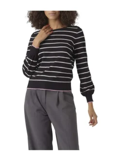 Pull en coton mélangé noir rayé avec une coupe droite et un col ras du cou