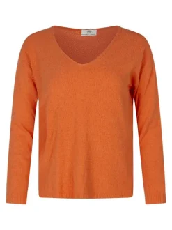 Pull en coton mélangé orange uni pourvu d'une coupe droite et d'un col v