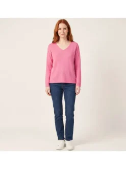 Pull en coton mélangé rose uni pourvu d'une coupe droite et d'un col v