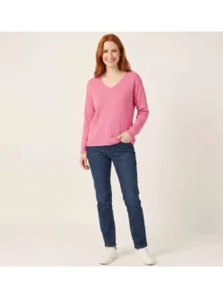 Pull en coton mélangé rose uni pourvu d'une coupe droite et d'un col v