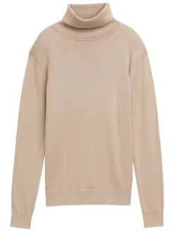 Pull en coton mélangé taupe avec un col roulé finement côtelé