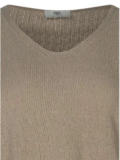 Pull en coton mélangé taupe uni pourvu d'une coupe droite et d'un col v