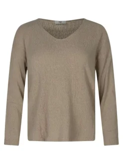 Pull en coton mélangé taupe uni pourvu d'une coupe droite et d'un col v