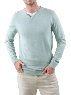Pull en coton mélangé tilleul chiné avec un col v et une coupe droite