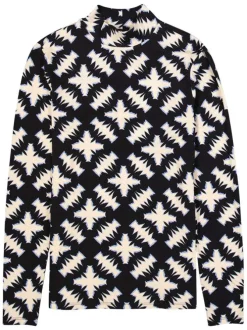 Pull en coton noir et écru à motif fantaisie avec un col montant