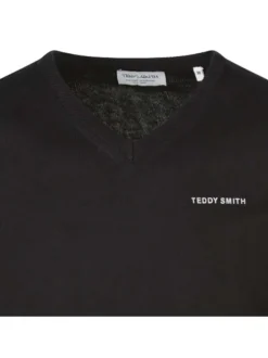 Pull en coton noir uni avec un col v côtelé et le nom de la marque