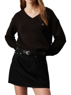 Pull en coton noir uni avec une coupe droite à col v et logo iconique