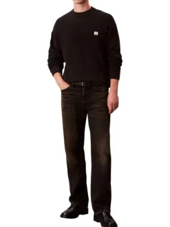 Pull en coton noir uni coupe ajustée col rond en maille gaufrée