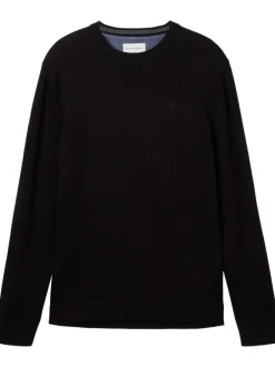 Pull en coton noir uni coupe droite avec un col rond et logo bordé poitrine