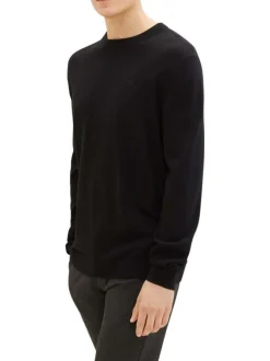 Pull en coton noir uni coupe droite avec un col rond et logo bordé poitrine