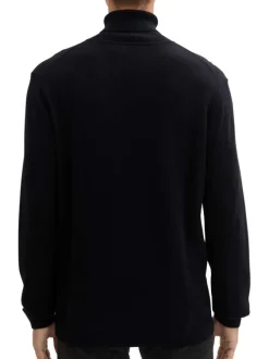 Pull en coton noir uni droit à col roulé avec extrémités en bord-côte