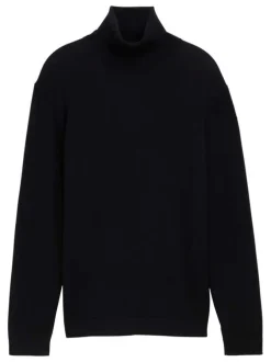 Pull en coton noir uni droit à col roulé avec extrémités en bord-côte