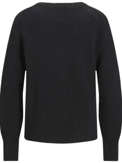 Pull en coton noir uni en maille tricotée à coupe droite et col rond