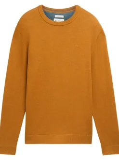 Pull en coton ocre uni à coupe droite, col rond et logo brodé sur la poitrine