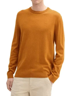 Pull en coton ocre uni à coupe droite, col rond et logo brodé sur la poitrine