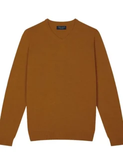Pull en coton orange chiné avec logo brodé à la poitrine et un col v
