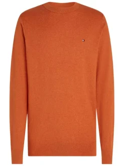 Pull en coton orange uni avec une coupe droite un col rond et un logo brodé