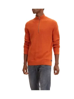 Pull en coton orange uni coupe droite col camionneur