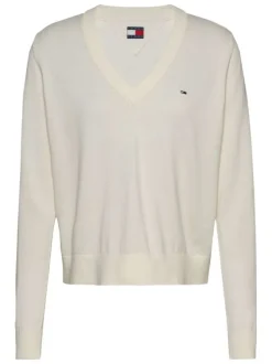 Pull en coton régénératif écru uni droit à col v et logo à la poitrine