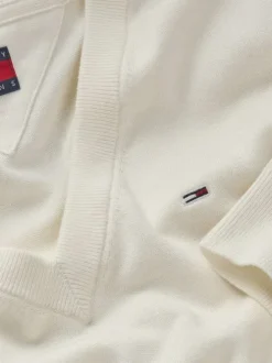 Pull en coton régénératif écru uni droit à col v et logo à la poitrine