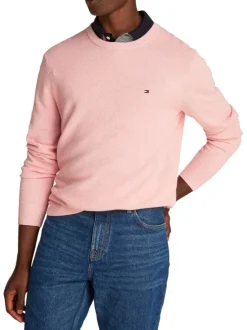 Pull en coton régénératif rose uni droit à col rond et manches longues