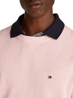 Pull en coton régénératif rose uni droit à col rond et manches longues