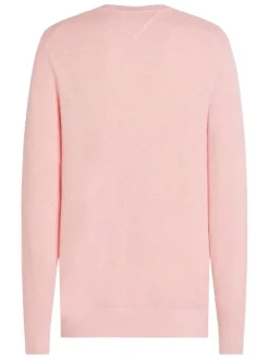 Pull en coton régénératif rose uni droit à col rond et manches longues