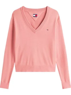 Pull en coton rose uni avec une coupe crop et un col en V profond