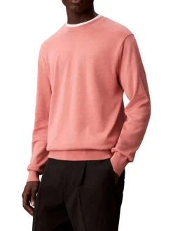 Pull en coton rose uni à col rond avec le mini logo brodé à la poitrine