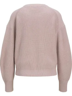 Pull en coton rose uni en maille tricotée à coupe droite et col rond