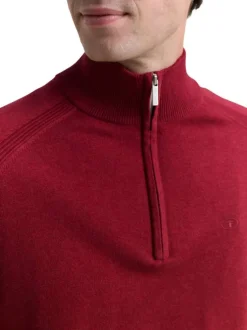 Pull en coton rouge uni avec un col camionneur côtelé à zip