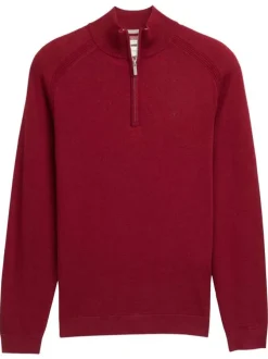 Pull en coton rouge uni avec un col camionneur côtelé à zip