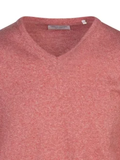 Pull en coton rouge uni coupe droite avec un col v et nom de la marque
