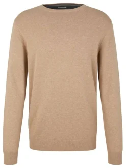 Pull en coton taupe uni à coupe droite et col rond, logo brodé poitrine
