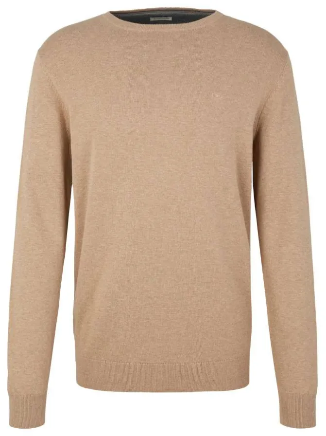 Pull en coton taupe uni à coupe droite et col rond, logo brodé poitrine