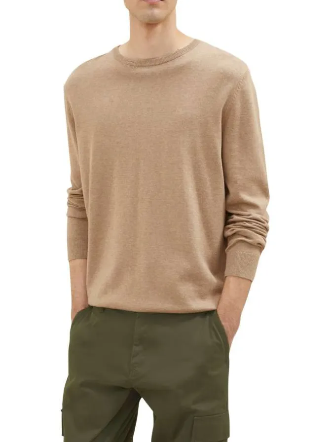Pull en coton taupe uni à coupe droite et col rond, logo brodé poitrine