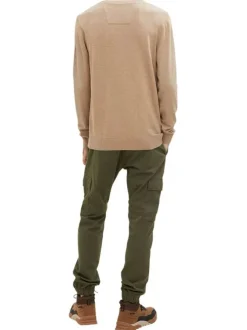 Pull en coton taupe uni à coupe droite et col rond, logo brodé poitrine